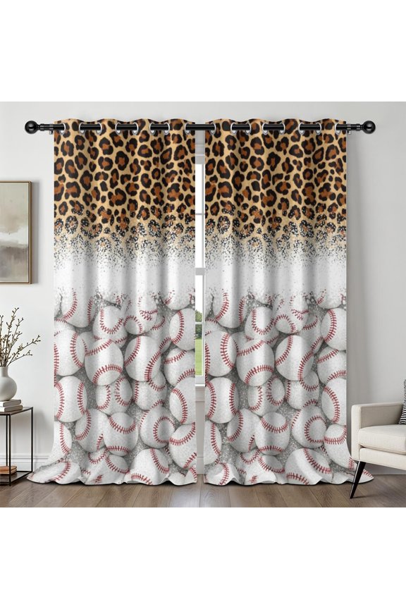 Baseballs Leopard Print Yellow Blackout Curtains,Triple Weaved Fabric,Thermal Insulated,Room Darkening,Grommet Top,2 Panels,52x108in(132x274cm)