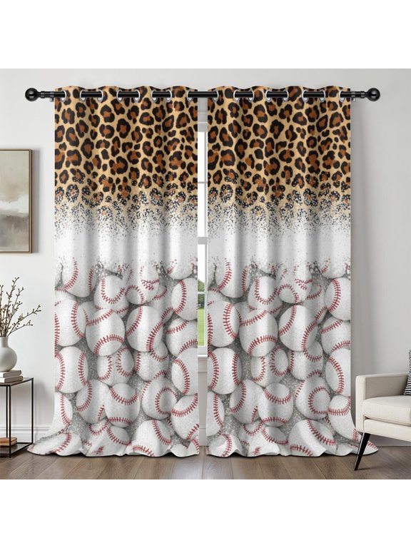 Baseballs Leopard Print Yellow Blackout Curtains,Triple Weaved Fabric,Thermal Insulated,Room Darkening,Grommet Top,2 Panels,52x108in(132x274cm)