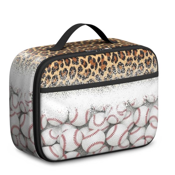 Baseballs Leopard Print Yellow Insulated Lunch Bag Teens,Bento School Lunch Bag for Teens for Work,Picnic or Travel 10.6x7.7x4.3 Inches,12 Can Capacity