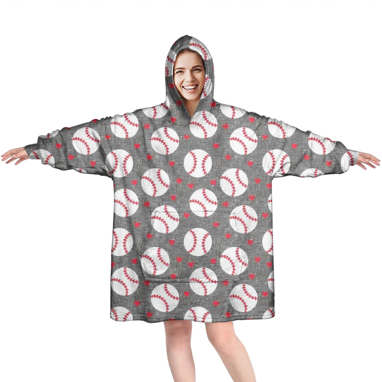 Baseballs and Love Wearable Oversized Blanket,Wearable Blanket Hoodie for Adults,Cozy Hooded Blankets with Super Pockets,Super Warm Fuzzy Pullover for Women & Men