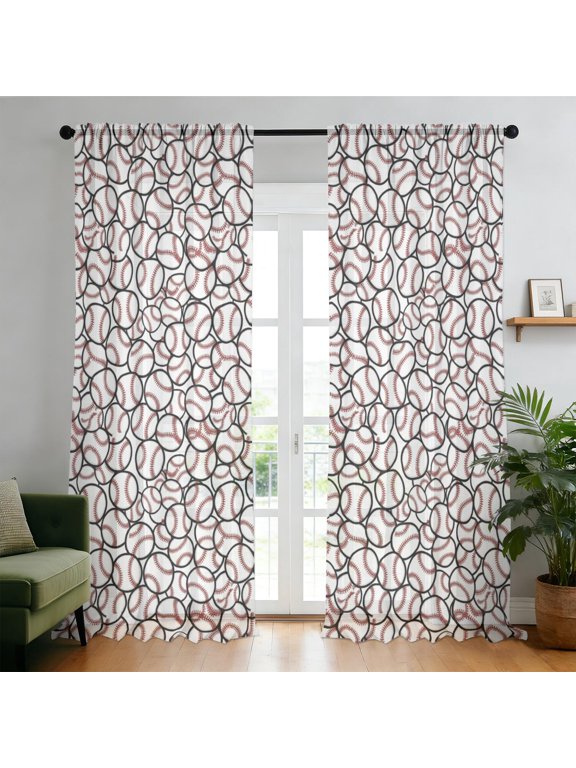 Baseballs Outlines White Pattern Sheer Curtains, Sheer Curtain Panels with Dual Rod Pocket, Easy Install Gifts for Housewarming Holiday,52"x108"