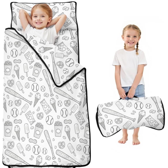 Baseballs Popcorn White Pattern Teens Toddler Nap Mat with Pillow, Sleeping Mat Bag for Preschool Daycare 51"x22"