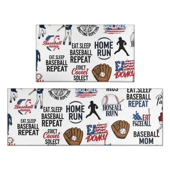 Baseballs Quotes White Pattern Anti Fatigue Kitchen Rugs Set Of 2, Non Slip Washable Decorative Floor Mats for Kitchen Sink Laundry, 17"x30" and 17"x47"