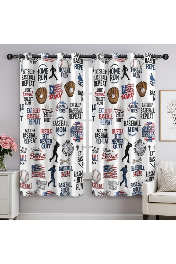 Baseballs Quotes White Pattern Blackout Curtains,Triple Weaved Fabric,Thermal Insulated,Room Darkening,Grommet Top,2 Panels,52x84in(132x213cm)