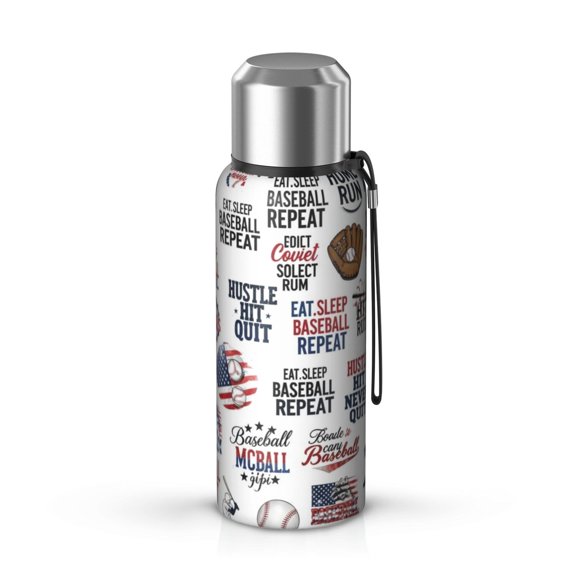 Baseballs Quotes White Pattern Insulated Coffee Thermos, Vacuum Insulated Portable Drink Thermos 360° Seamless Print Gifts Ideas for Home Office Outdoor Sports Car Travel