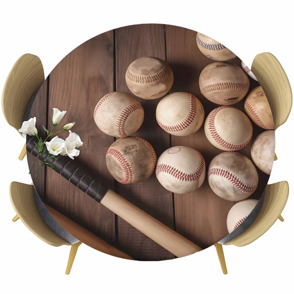 Baseballs Round Fitted Tablecloth with Elastic Edge, Vintage Baseball and Bat Sport Games Brown Wooden Grain Stretch Table Covers for 45"-54" Tables Wipeable Table Cloth for Outdoor
