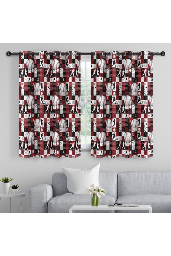 Baseballs Silhouettes Red Black Blackout Curtains,Triple Weaved Fabric,Thermal Insulated,Room Darkening,Grommet Top,2 Panels,52x63in(132x160cm)