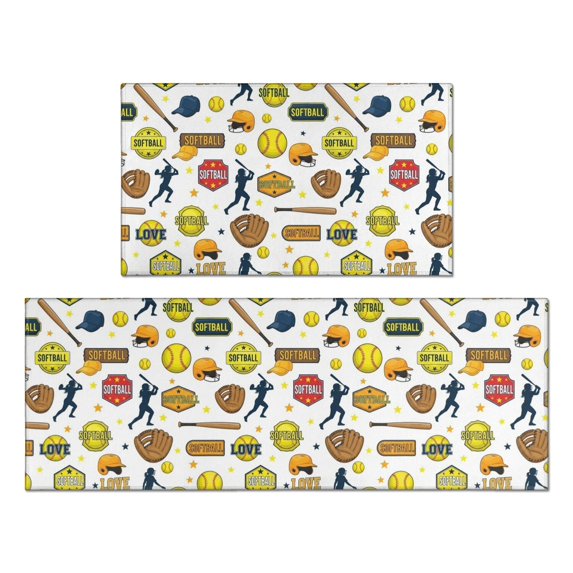 Baseballs and Softballs White Pattern Anti Fatigue Kitchen Rugs Set Of 2, Non Slip Washable Decorative Floor Mats for Kitchen Sink Laundry, 17"x30" and 17"x47"