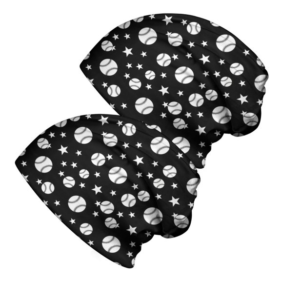 Baseballs Stars Black Pattern 2 Pack Slouchy Beanie Hat, Casual Daily Beanie with Stretchy Fabric & Soft Texture, Stretchy Polyester Gifts for Birthday Christmas Thanksgiving