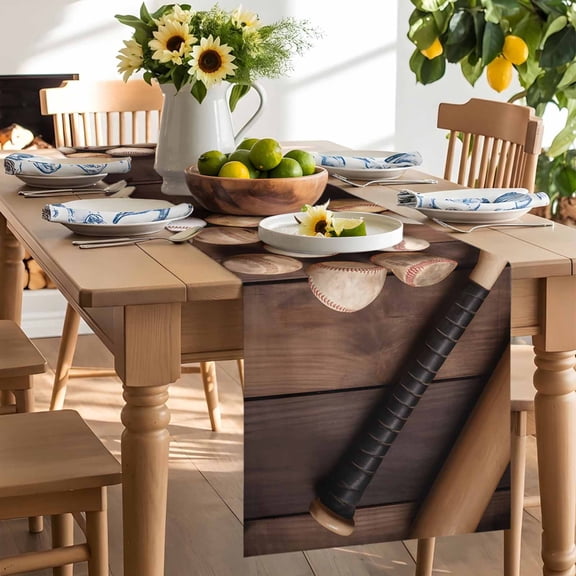 Baseballs Table Runner, Vintage Baseball and Bat Sport Games Brown Wooden Grain Washable Kitchen Table Runners Dress Scarves for Dining Table Decorations Party/Restaurant/Indoor Outdoor Use, 13x120in