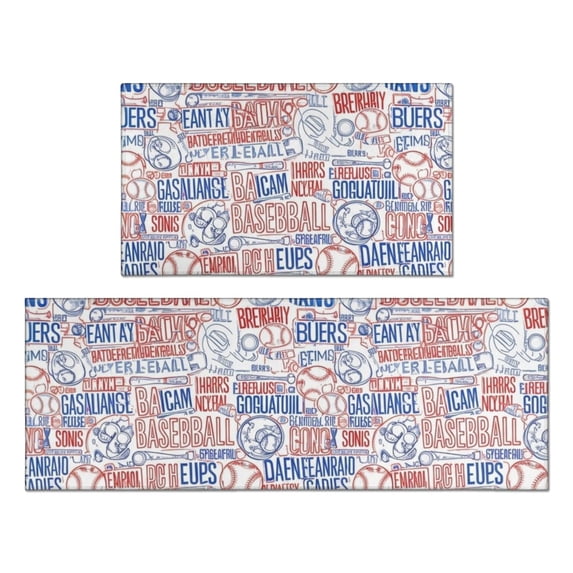 Baseballs and Text White Pattern Anti Fatigue Kitchen Rugs Set Of 2, Non Slip Washable Decorative Floor Mats for Kitchen Sink Laundry, 17"x30" and 17"x47"