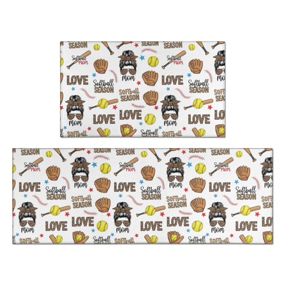 Baseballs and Text White Pattern Anti Fatigue Kitchen Rugs Set Of 2, Non Slip Washable Decorative Floor Mats for Kitchen Sink Laundry, 17"x30" and 17"x47"