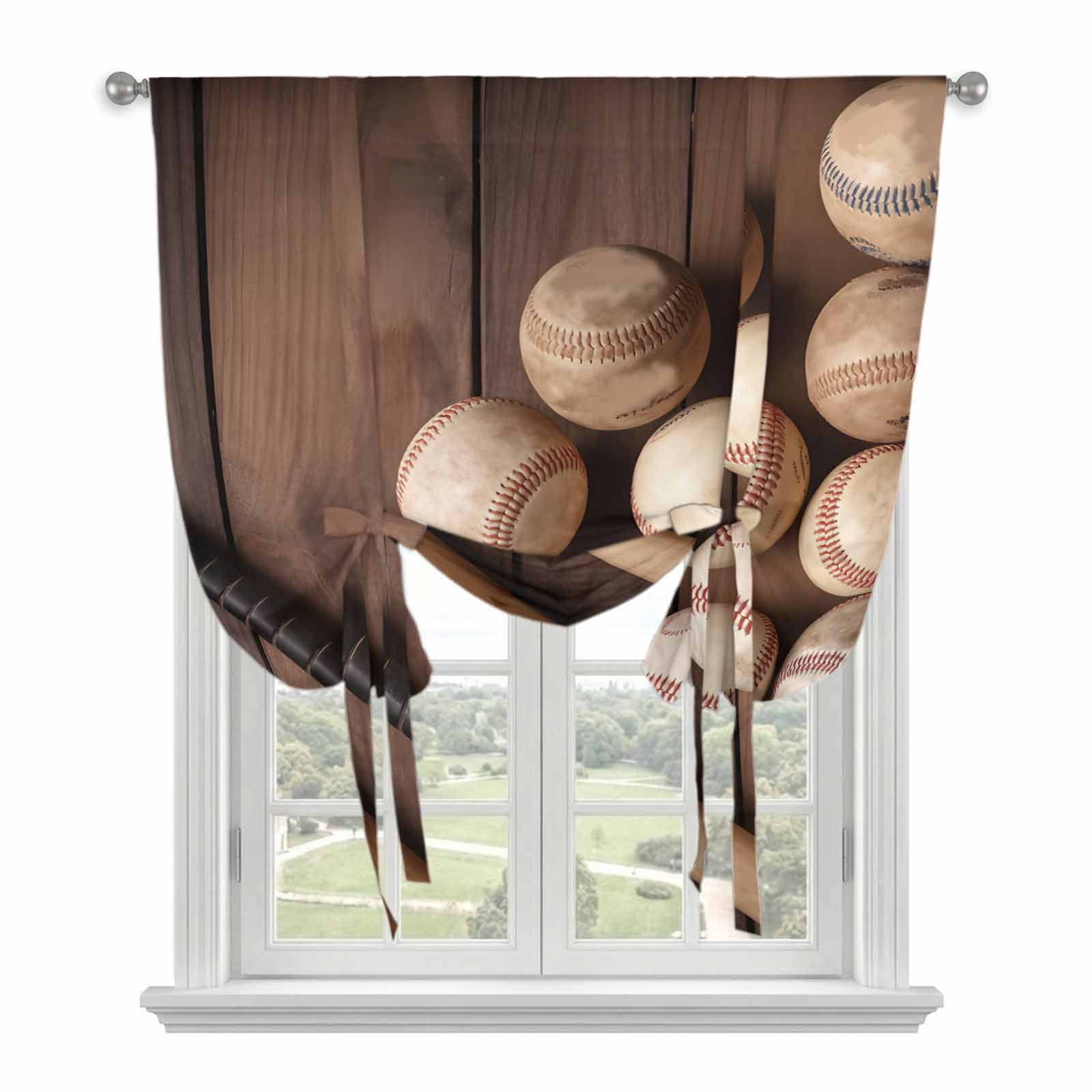 Baseballs Tie Up Curtain for Window, Vintage Baseball and Bat Sport ...