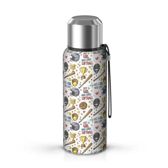 Baseballs and Trophies White Pattern Insulated Coffee Thermos, Vacuum Insulated Insulated Beverage Container Carry Strap Gifts Ideas for Teens Adults Office Workers Teachers