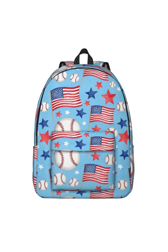 Baseballs and American Flags Blue Pattern Backpack for School, Cute School Bag with Adjustable Shoulder Straps and Padded Back, 15.7"x11.8"x5.5"
