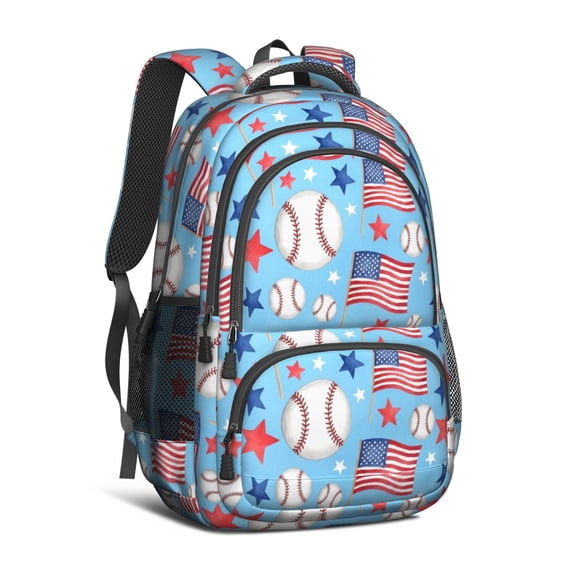 Baseballs and American Flags Blue Pattern Backpack for School, Cute School Bag with Adjustable Shoulder Straps and Padded Back, 16.9"x12.6"x5.9"