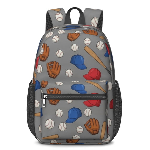 Baseballs and Bats Light Gray Pattern 17" Waterproof Oxford School Backpacks for Teens, S-Shape Padded Straps, for School, Travel, Hiking, Camping