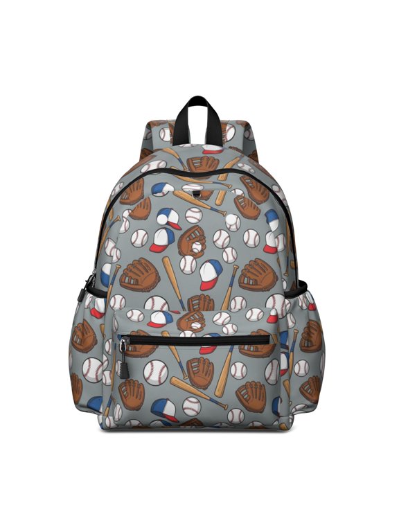 Baseballs and Bats Light Gray Pattern Backpack for School, Cute School Bag with Adjustable Shoulder Straps and Padded Back, 13.4"x11"x4.7"