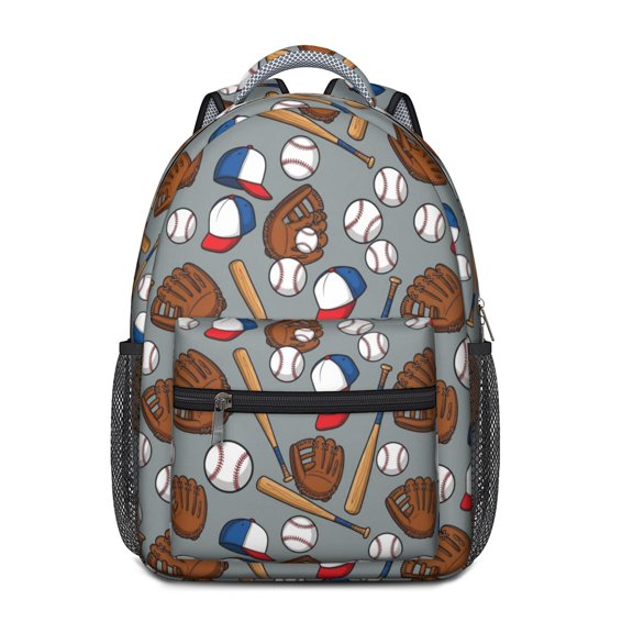 Baseballs and Bats Light Gray Pattern Backpack for School, Cute School Bag with Adjustable Shoulder Straps and Padded Back, 15.3"x11"x6.7"