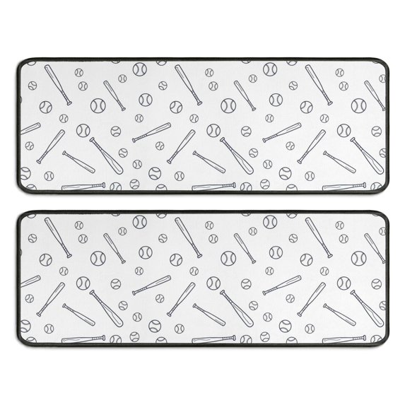 Baseballs and Bats White Pattern Anti Fatigue Kitchen Rugs Set Of 2, Non Slip Washable Decorative Floor Mats for Sink Laundry and Home Use, 17"x47"