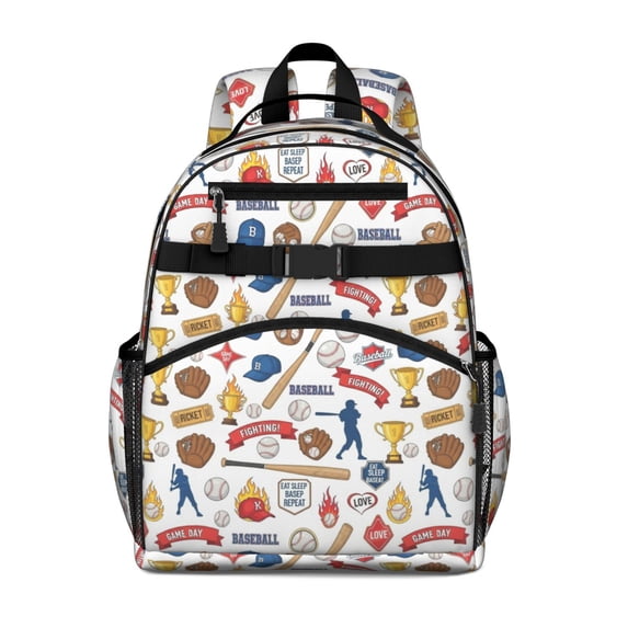 Baseballs and Bats White Pattern Backpack for School, Cute School Bag with Adjustable Shoulder Straps and Padded Back, 15.25"x11.5"x5.25"