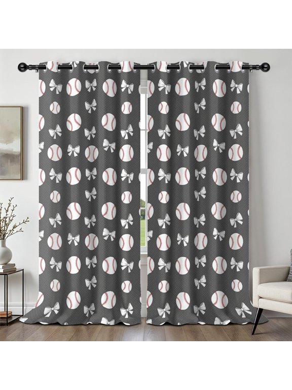 Baseballs and Bows Gray Pattern Blackout Curtains,Triple Weaved Fabric,Thermal Insulated,Room Darkening,Grommet Top,2 Panels,52x108in(132x274cm)
