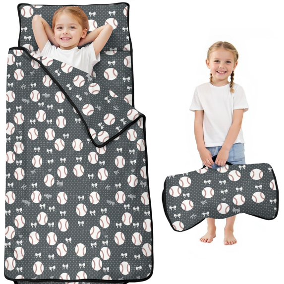 Baseballs and Bows Gray Pattern Teens Toddler Nap Mat with Pillow, Sleeping Mat Bag for Preschool Daycare 51"x22"