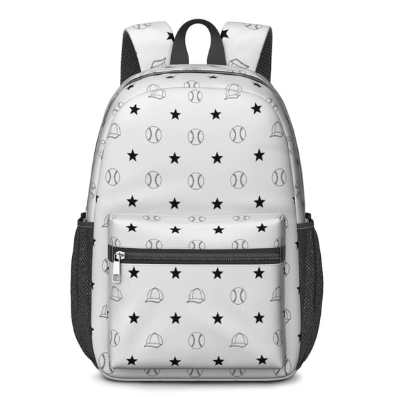 Baseballs and Caps Light Gray Pattern 17" Waterproof Oxford School Backpacks for Teens, S-Shape Padded Straps, for School, Travel, Hiking, Camping
