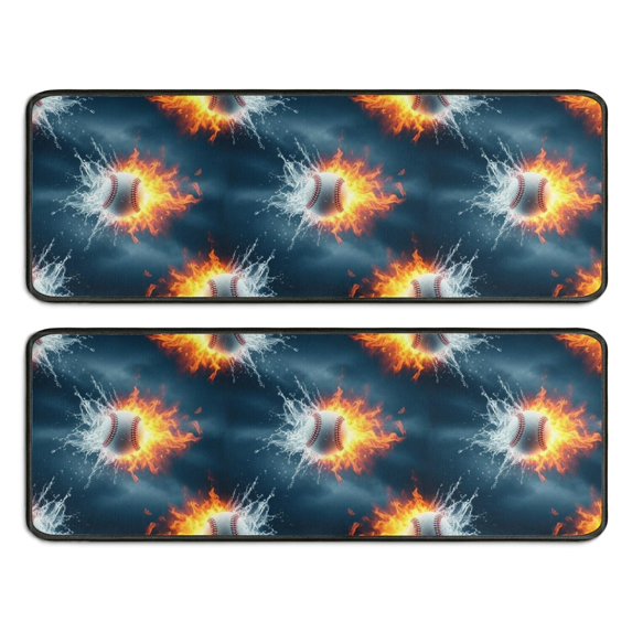 Baseballs and Flames Blue Anti Fatigue Kitchen Rugs Set Of 2, Non Slip Washable Decorative Floor Mats for Sink Laundry and Home Use, 17"x47"