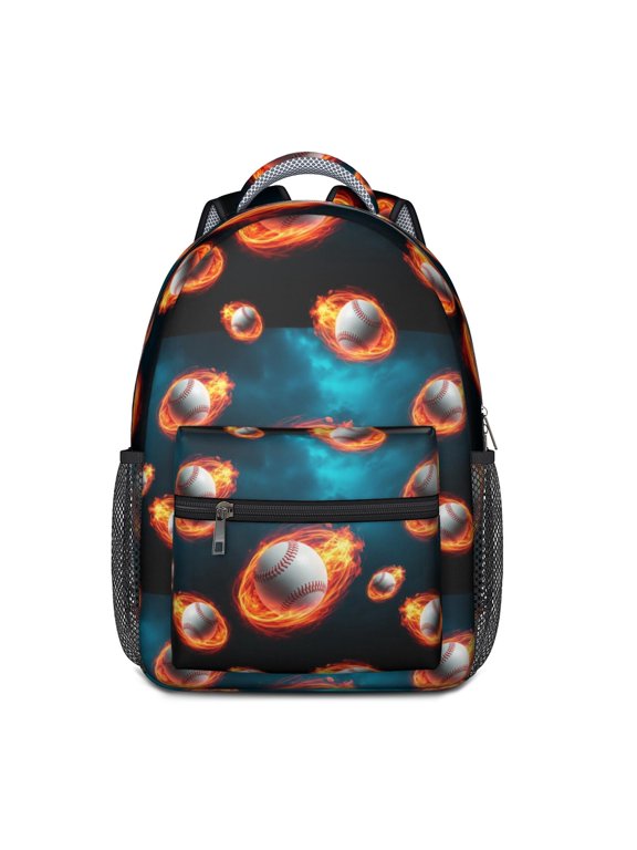 Baseballs and Flames Blue Backpack for School, Cute School Bag with Adjustable Shoulder Straps and Padded Back, 15.3"x11"x6.7"
