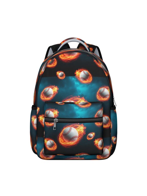 Baseballs and Flames Blue Backpack for School, Cute School Bag with Adjustable Shoulder Straps and Padded Back, 15.3"x11"x7.1"