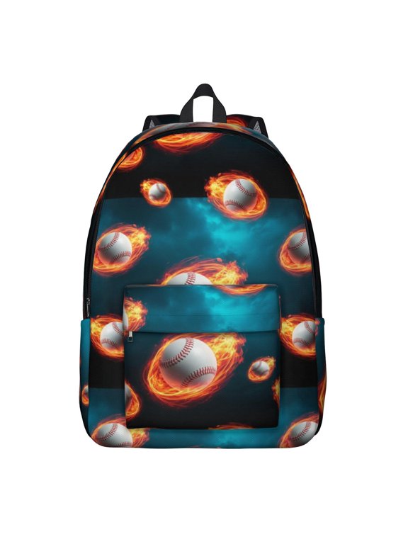 Baseballs and Flames Blue Backpack for School, Cute School Bag with Adjustable Shoulder Straps and Padded Back, 15.7"x11.8"x5.5"