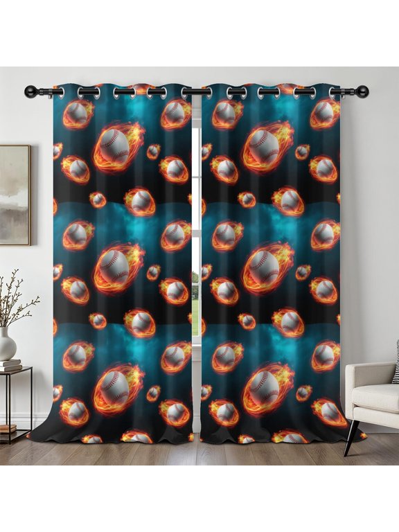 Baseballs and Flames Blue Blackout Curtains,Triple Weaved Fabric,Thermal Insulated,Room Darkening,Grommet Top,2 Panels,52x108in(132x274cm)