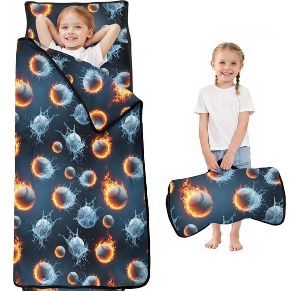 Baseballs and Flames Blue Teens Toddler Nap Mat with Pillow, Sleeping Mat Bag for Preschool Daycare 59"x22"