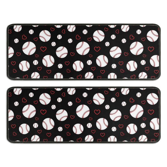 Baseballs and Hearts Black Pattern Anti Fatigue Kitchen Rugs Set Of 2, Non Slip Washable Decorative Floor Mats for Sink Laundry and Home Use, 17"x47"