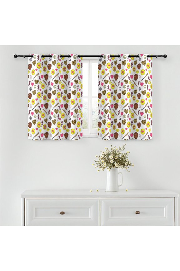 Baseballs and Hearts White Pattern Blackout Curtains,Triple Weaved Fabric,Thermal Insulated,Room Darkening,Grommet Top,2 Panels,42x45in(107x114cm)