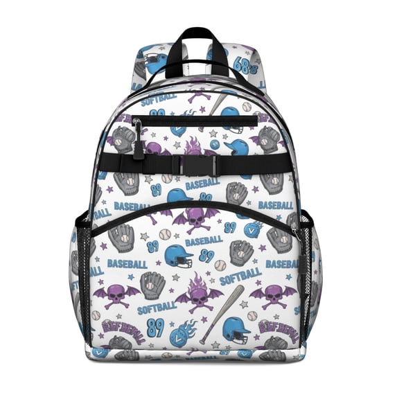 Baseballs and Helmets White Pattern Backpack for School, Cute School Bag with Adjustable Shoulder Straps and Padded Back, 15.25"x11.5"x5.25"