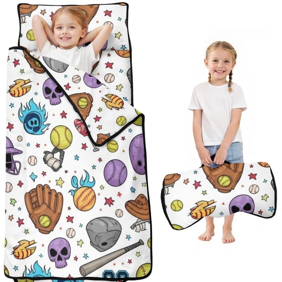 Baseballs and Helmets White Pattern Teens Toddler Nap Mat with Pillow, Sleeping Mat Bag for Preschool Daycare 50"x20"
