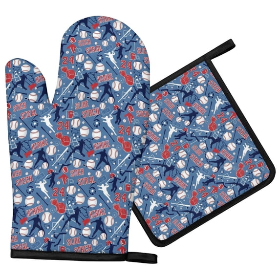 House Number Patterns Baseballs and Numbers Blue Pattern Oven Mitt Pot Holder Set, Polyester ...