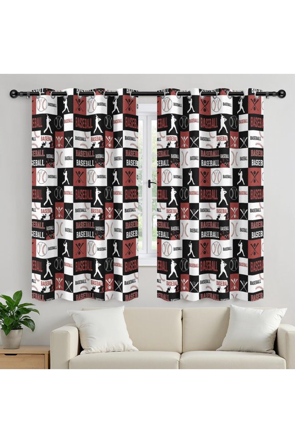 Baseballs and Player Silhouettes Blackout Curtains,Triple Weaved Fabric,Thermal Insulated,Room Darkening,Grommet Top,2 Panels,52x72in(132x183cm)