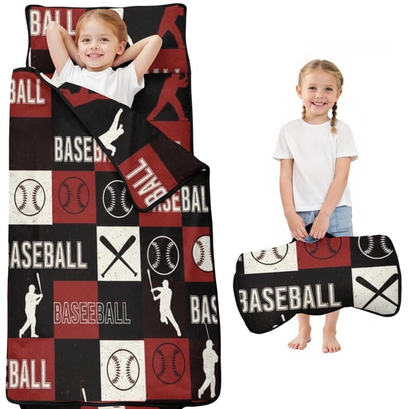 Baseballs and Player Silhouettes Teens Toddler Nap Mat with Pillow, Sleeping Mat Bag for Preschool Daycare 51"x22"