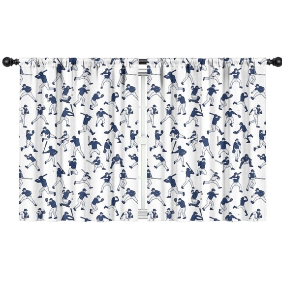 Baseballs and Player Silhouettes White Insulated Teens Curtains Set Of 2, Bedroom Essentials, Toddler Room Decor 42"x54"