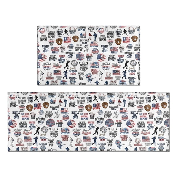 Baseballs and Quotes White Anti Fatigue Kitchen Rugs Set Of 2, Non Slip Washable Decorative Floor Mats for Kitchen Sink Laundry, 17"x30" and 17"x47"