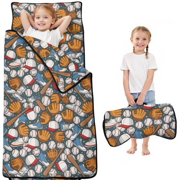 Baseballs and Shoes Blue Pattern Kids Nap Mat, Daycare Sleep Mat with Handle & Fastening Straps, Easy Roll Up Gifts for Daycare Preschool,50"x20"