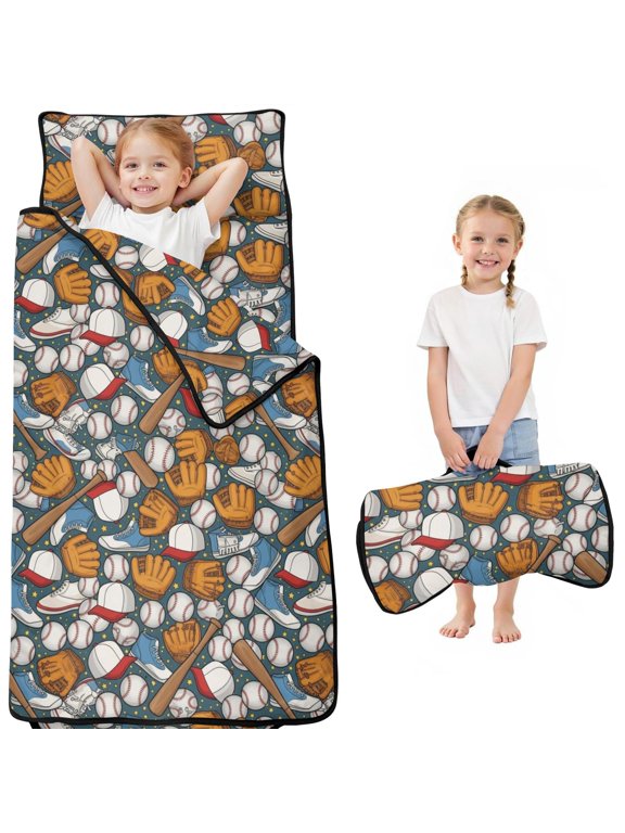 Baseballs and Shoes Blue Pattern Kids Nap Mat, Daycare Sleep Mat with Handle & Fastening Straps, Easy Roll Up Gifts for Daycare Preschool,50"x20"