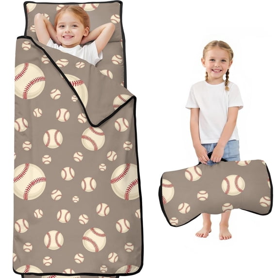Baseballs and Small Balls Taupe Pattern Teens Toddler Nap Mat with Pillow, Sleeping Mat Bag for Preschool Daycare 60"x20"
