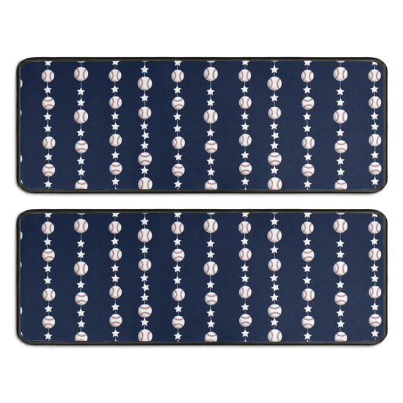 Baseballs and Stars Blue Pattern Anti Fatigue Kitchen Rugs Set Of 2, Non Slip Washable Decorative Floor Mats for Sink Laundry and Home Use, 17"x47"