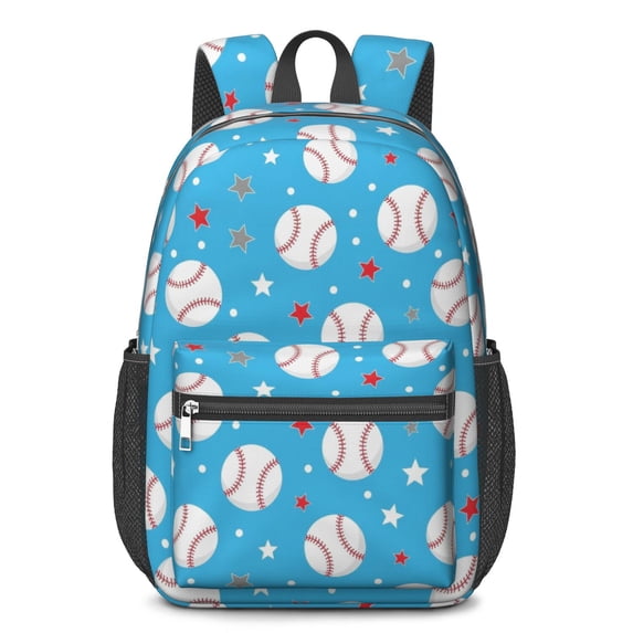 Baseballs and Stars Light Blue Pattern 17" School Backpacks for Teens,Waterproof Oxford Fabric,S-Shape Padded Straps for School,Travel,Hiking,Camping