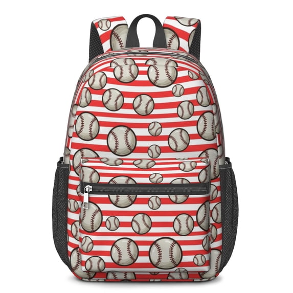 Baseballs and Stripes Red White 17" School Backpacks for Teens,Waterproof Oxford Fabric,S-Shape Padded Straps for School,Travel,Hiking,Camping