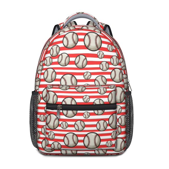 Baseballs and Stripes Red White Backpack for School, Cute School Bag with Adjustable Shoulder Straps and Padded Back, 15.3"x11"x6.7"